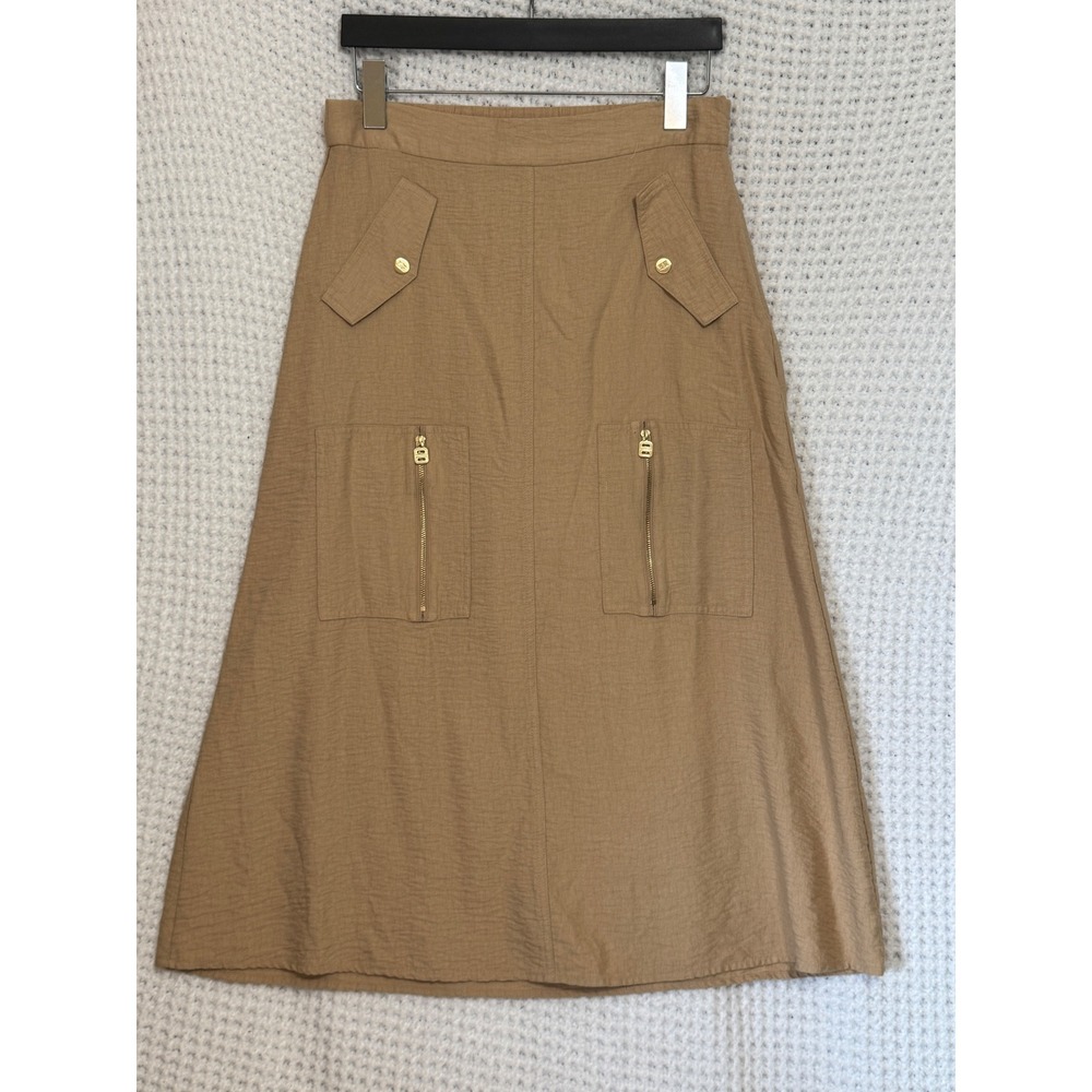 DKNY Tan Textured Midi Skirt Elastic Waist Zip Pockets Gold Button Detail Size M